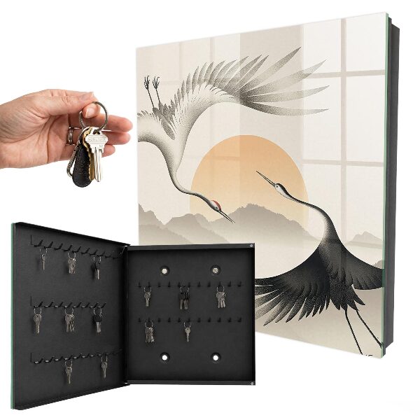 Armoire à clés murale Grues japonaises sur fond de soleil levant