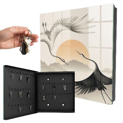 Armoire à clés murale Grues japonaises sur fond de soleil levant