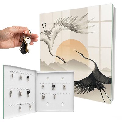 Armoire à clés murale Grues japonaises sur fond de soleil levant