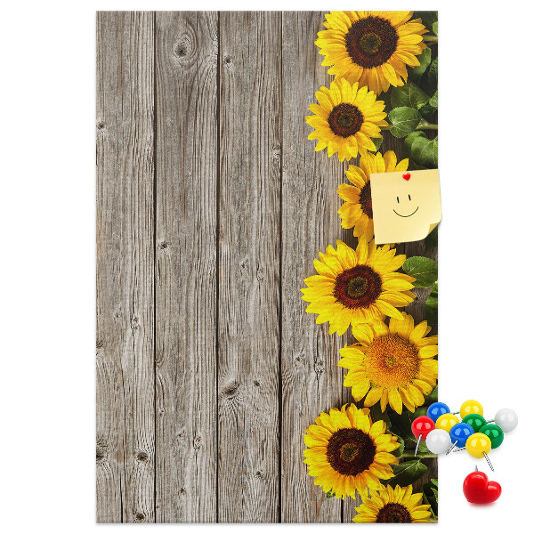 Tableau en liège fantaisie Tournesols sur fond de planche en bois