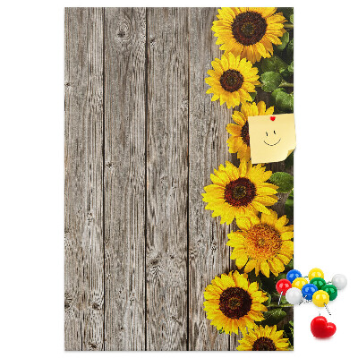 Tableau en liège fantaisie Tournesols sur fond de planche en bois