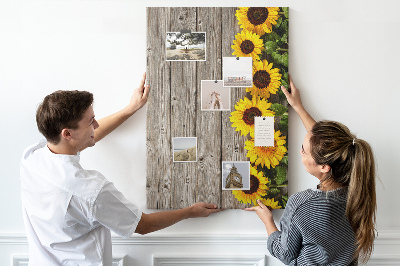 Tableau en liège fantaisie Tournesols sur fond de planche en bois