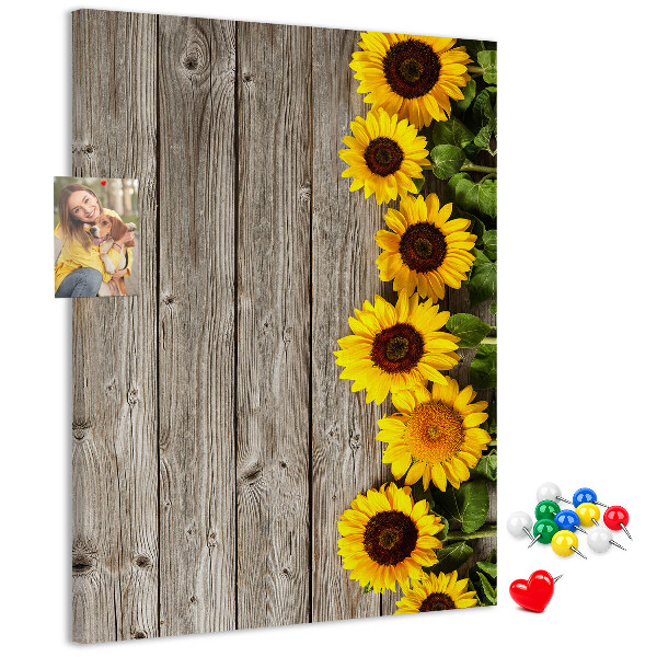 Tableau en liège fantaisie Tournesols sur fond de planche en bois