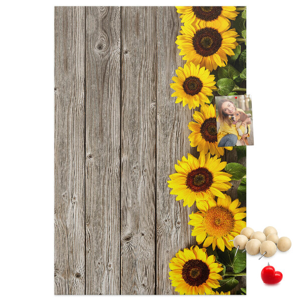 Tableau en liège fantaisie Tournesols sur fond de planche en bois