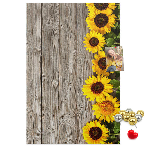 Tableau en liège fantaisie Tournesols sur fond de planche en bois
