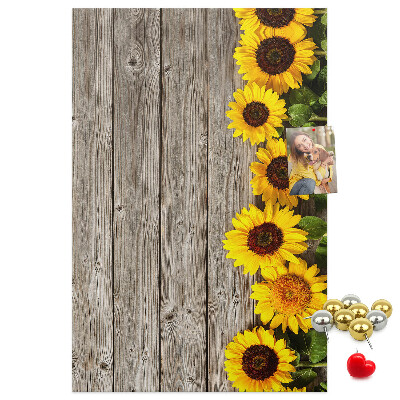 Tableau en liège fantaisie Tournesols sur fond de planche en bois
