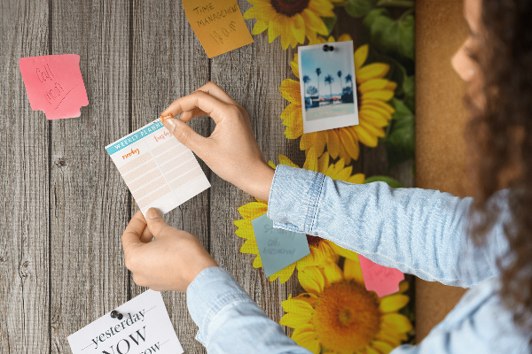 Tableau en liège fantaisie Tournesols sur fond de planche en bois