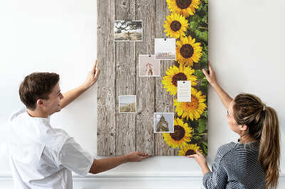 Tableau en liège fantaisie Tournesols sur fond de planche en bois