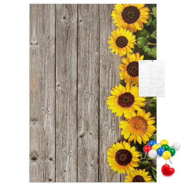 Tableau en liège fantaisie Tournesols sur fond de planche en bois