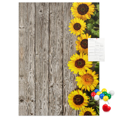 Tableau en liège fantaisie Tournesols sur fond de planche en bois