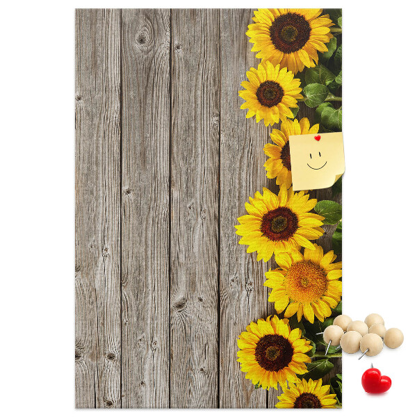 Tableau en liège fantaisie Tournesols sur fond de planche en bois