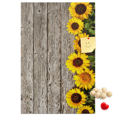 Tableau en liège fantaisie Tournesols sur fond de planche en bois