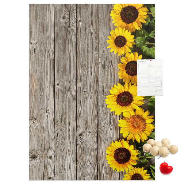 Tableau en liège fantaisie Tournesols sur fond de planche en bois