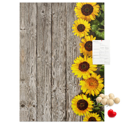 Tableau en liège fantaisie Tournesols sur fond de planche en bois