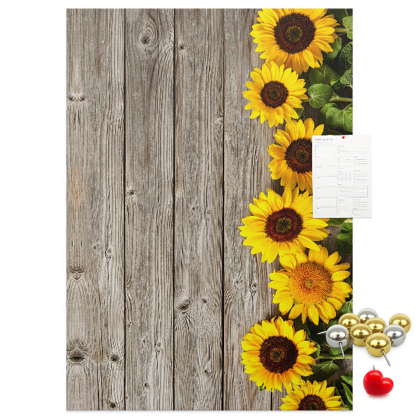 Tableau en liège fantaisie Tournesols sur fond de planche en bois