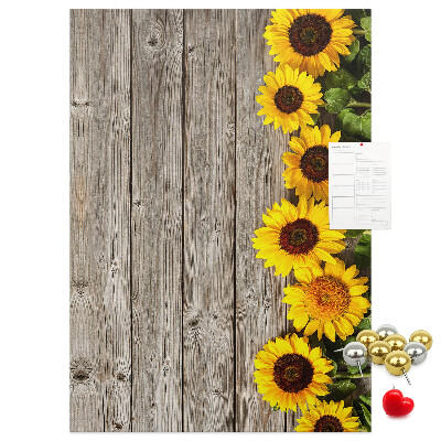 Tableau en liège fantaisie Tournesols sur fond de planche en bois