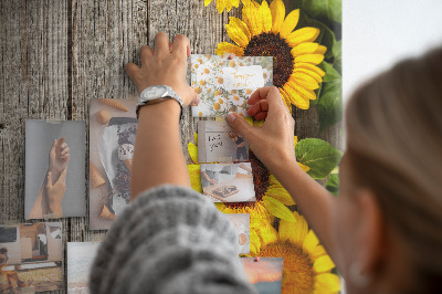 Tableau en liège fantaisie Tournesols sur fond de planche en bois