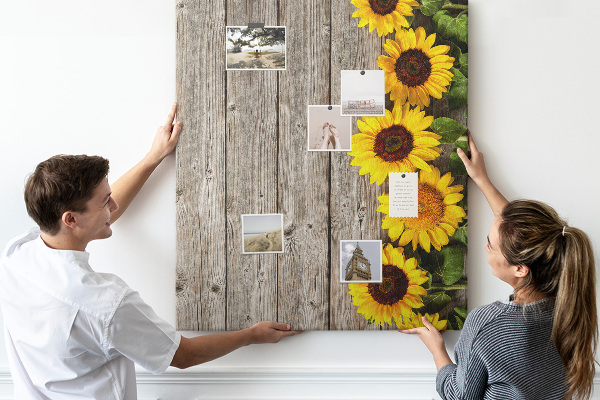 Tableau en liège fantaisie Tournesols sur fond de planche en bois
