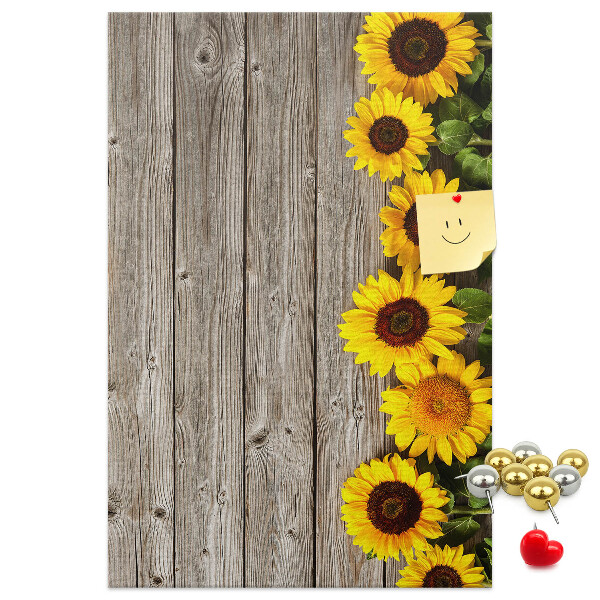 Tableau en liège fantaisie Tournesols sur fond de planche en bois