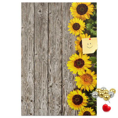 Tableau en liège fantaisie Tournesols sur fond de planche en bois