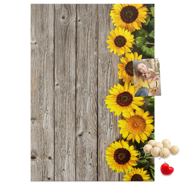 Tableau en liège fantaisie Tournesols sur fond de planche en bois