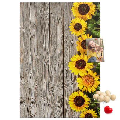 Tableau en liège fantaisie Tournesols sur fond de planche en bois