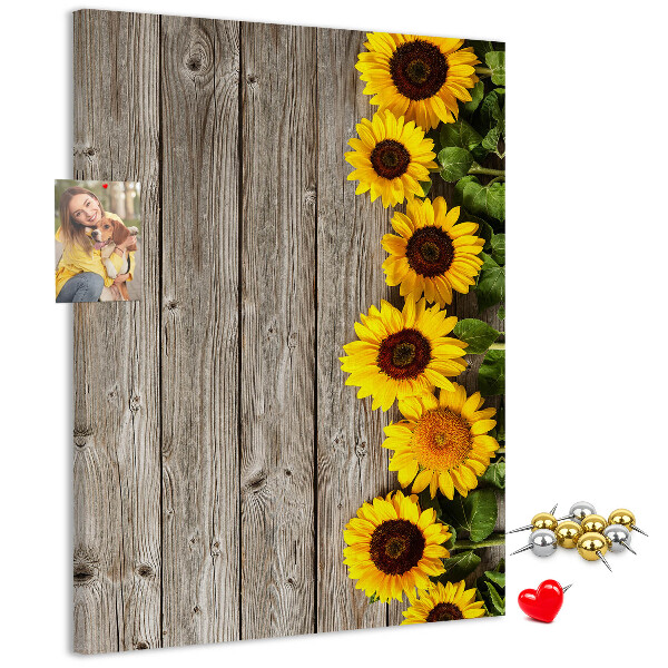 Tableau en liège fantaisie Tournesols sur fond de planche en bois