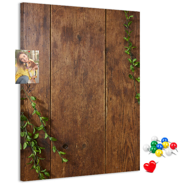 Tableau de liège Bois rustique avec des branches vertes