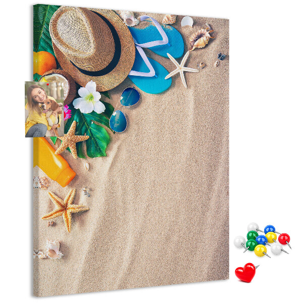 Tableau en liège déco Souvenirs d'été à la plage avec des coquillages