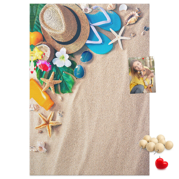 Tableau en liège déco Souvenirs d'été à la plage avec des coquillages