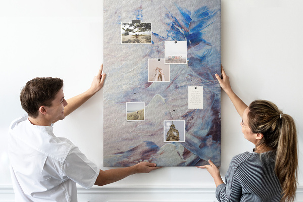 Tableau en liège fantaisie Éclaboussures de peinture abstraites bleues et blanches