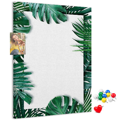 Tableau de liège Feuilles tropicales entourées d'un cadre blanc