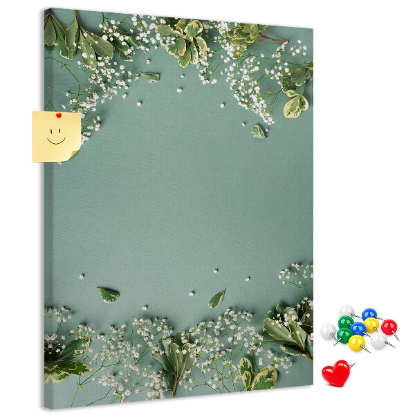 Tableau de liège Fond vert avec des fleurs et des feuilles délicates