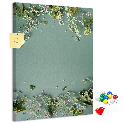 Tableau de liège Fond vert avec des fleurs et des feuilles délicates