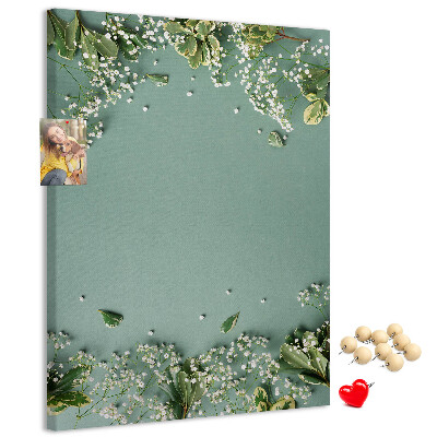 Tableau de liège Fond vert avec des fleurs et des feuilles délicates