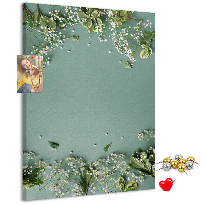 Tableau de liège Fond vert avec des fleurs et des feuilles délicates