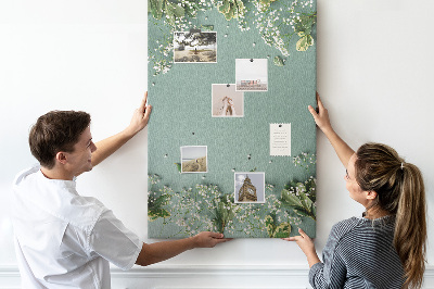 Tableau de liège Fond vert avec des fleurs et des feuilles délicates