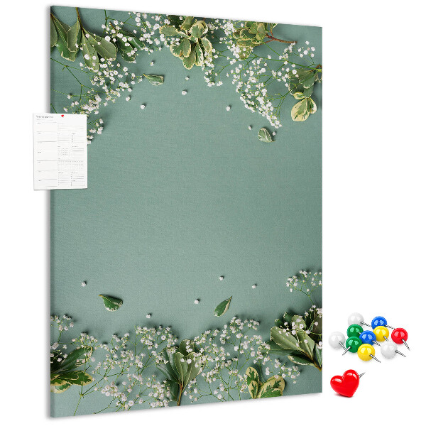Tableau de liège Fond vert avec des fleurs et des feuilles délicates