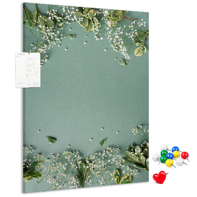 Tableau de liège Fond vert avec des fleurs et des feuilles délicates
