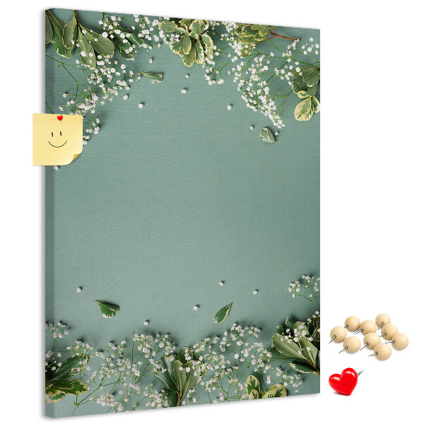 Tableau de liège Fond vert avec des fleurs et des feuilles délicates