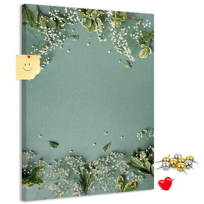 Tableau de liège Fond vert avec des fleurs et des feuilles délicates