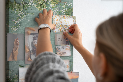 Tableau de liège Fond vert avec des fleurs et des feuilles délicates