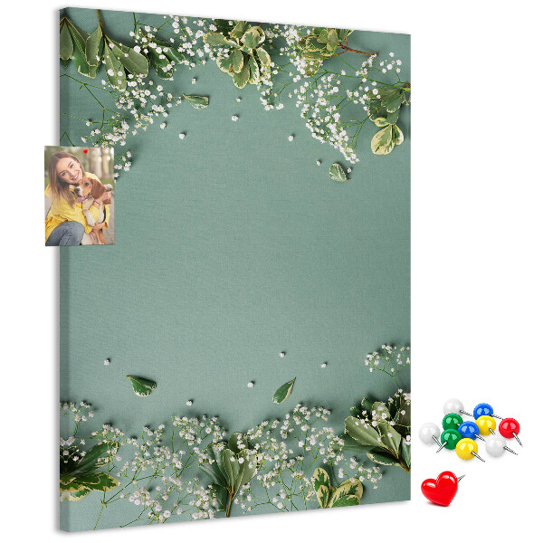 Tableau de liège Fond vert avec des fleurs et des feuilles délicates