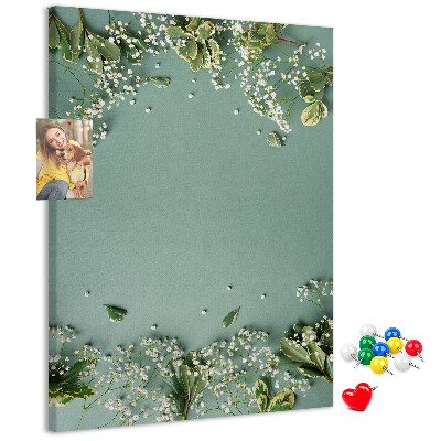 Tableau de liège Fond vert avec des fleurs et des feuilles délicates