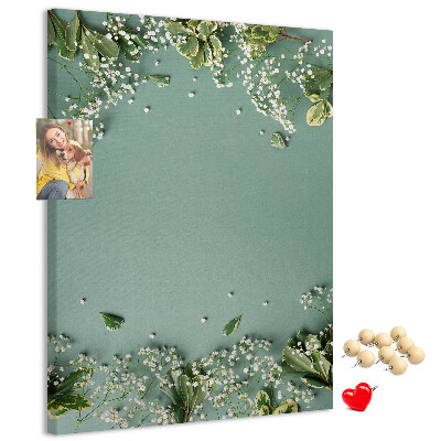 Tableau de liège Fond vert avec des fleurs et des feuilles délicates