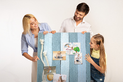 Tableau en liège fantaisie Ambiance bord de mer avec des planches bleues et un coquillage
