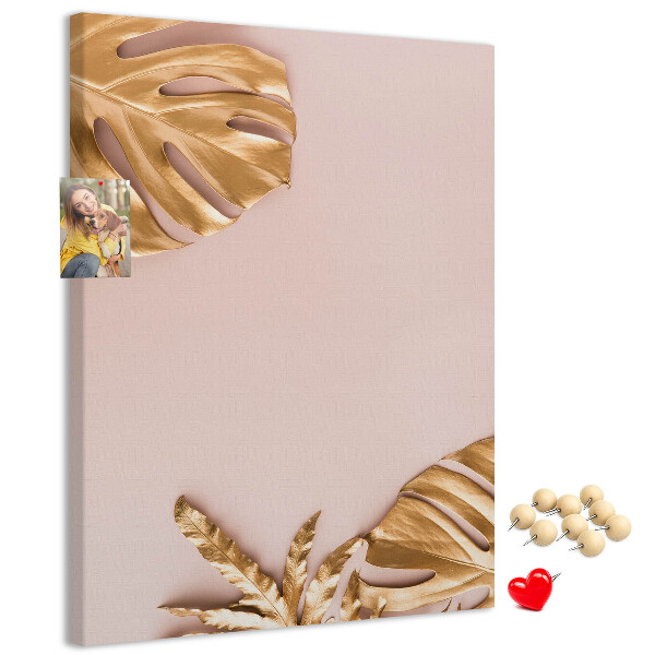 Tableau en liège fantaisie Feuilles dorées sur un fond rose délicat