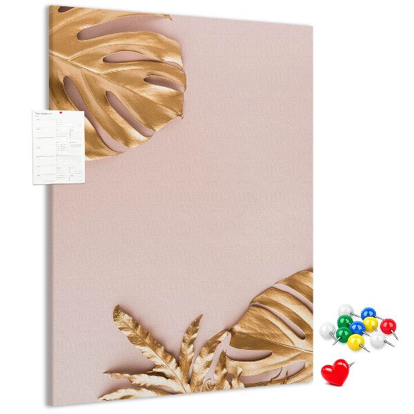 Tableau en liège fantaisie Feuilles dorées sur un fond rose délicat