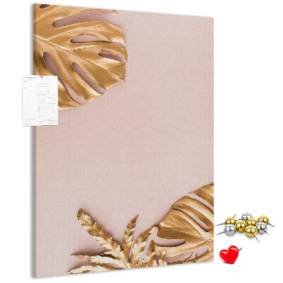 Tableau en liège fantaisie Feuilles dorées sur un fond rose délicat