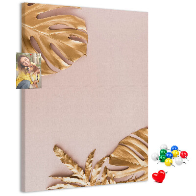 Tableau en liège fantaisie Feuilles dorées sur un fond rose délicat